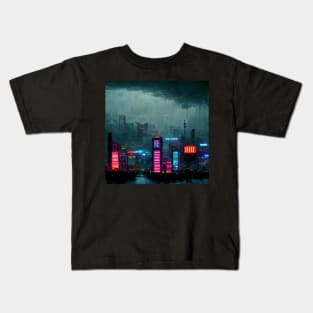 Rain Storm - Cyberpunk Cityscape Skyline Kids T-Shirt